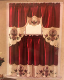 NEVADA ROSES FLOWERS BURGUNDY EMBROIDERED DECORATIVE KITCHEN CURTAIN SET 3 PCS