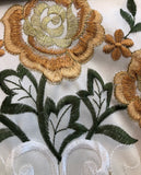 NEVADA ROSES FLOWERS GOLD CAMELIA EMBROIDERED DECORATIVE KITCHEN CURTAIN SET 3 PCS