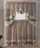NEVADA ROSES FLOWERS GOLD CAMELIA EMBROIDERED DECORATIVE KITCHEN CURTAIN SET 3 PCS