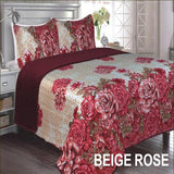 KELLY ROSES FLOWES BURGUNDY BEIGE DECORATIVE PLUSH BEDSPREAD COVERLET SET 3 PCS QUEEN SIZE