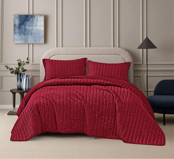 CARMEN ROUCHED BURGUNDY COLOR DECORATIVE BEDSPREAD QUILTED SET 3 PCS KING SIZE