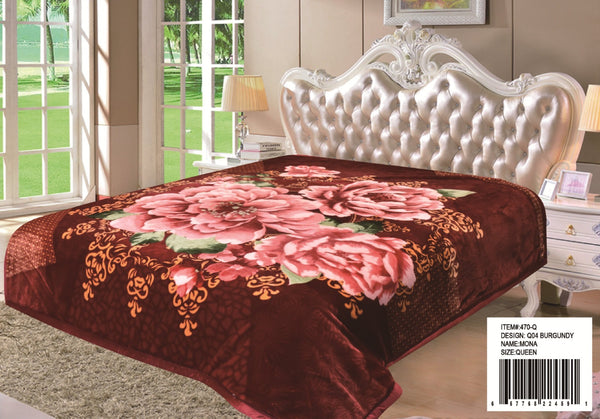 FLOWERS BURGUNDY COLOR MONA 2 PLY PLUSH BLANKET SOFTY AND WARM QUEEN SIZE