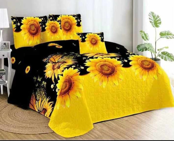 JESSICA SUNFLOWERS YELLOW AND BLACK BEDSPREAD SET 3 PCS CALIFORNIA KING SIZE