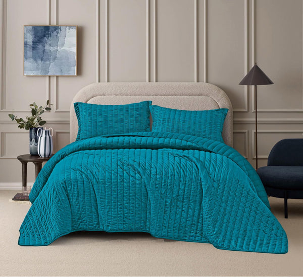 CARMEN ROUCHED TURQUOISES COLOR DECORATIVE BEDSPREAD QUILTED 3 PCS QUEEN SIZE