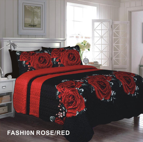 TONNY FLOWERS RED AND BLACK COLOR REVERSIBLE PLUSH BEDSPREAD SET 6 PCS KING SIZE