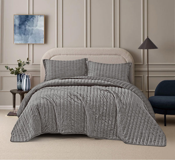 CARMEN ROUCHED DARK GRAY COLOR DECORATIVE BEDSPREAD QUILTED SE 3 PCS QUEEN SIZE