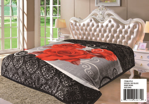 FLOWERS BLACK COLOR MONA 2 PLY PLUSH BLANKET SOFTY AND WARM KING SIZE