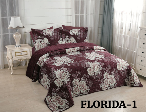 FLORIDA FLOWERS WINE COLOR VELVET TEXTURE BEDSPREAD SET 6 PCS CALIFORNIA KING SIZE