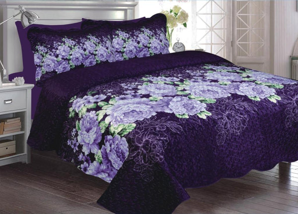 TONNY FLOWERS PURPLE COLOR REVERSIBLE PLUSH BEDSPREAD SET 6 PCS KING SIZE