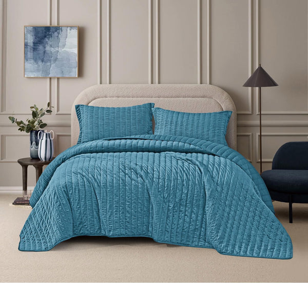 CARMEN ROUCHED STONE BLUE COLOR DECORATIVE BEDSPREAD QUILTED SET 3 PCS KING SIZE