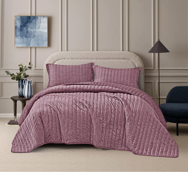 CARMEN ROUCHED LAVENDER COLOR DECORATIVE BEDSPREAD QUILTED SET 3 PCS KING SIZE