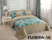 FLORIDA FLOWERS TURQUOISE COLOR VELVET TEXTURE BEDSPREAD SET 6 PCS KING SIZE