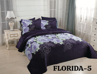 FLORIDA FLOWERS PURPLE COLOR VELVET TEXTURE BEDSPREAD SET 6 PCS CALIFORNIA KING SIZE