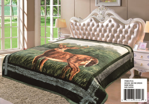 DEER GREEN COLOR MONA 2 PLY PLUSH BLANKET SOFTY AND WARM QUEEN SIZE