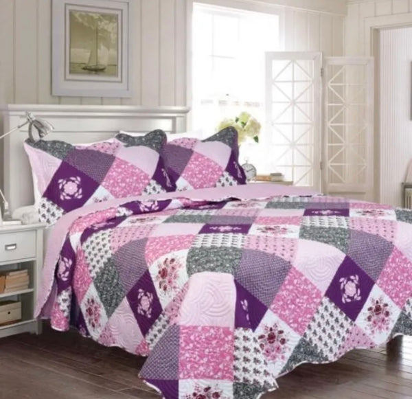 ZOE PATCHWORK LAVENDER COLOR REVERSIBLE BEDSPREAD SET 3 PCS QUEEN SIZE