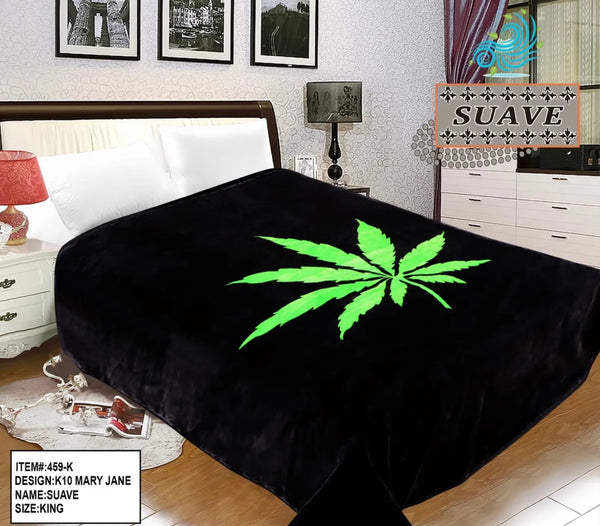 MARIJUANA LEAF BLACK AND GREEN COLOR SUAVE PLUSH BLANKET SOFTY AND WARM KING SIZE