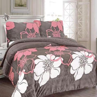 ALASKA FLOWERS GRAY AND PINK BLANKET WITH SHERPA SOFTY THICK AND WARM 3 PCS QUEEN SIZE