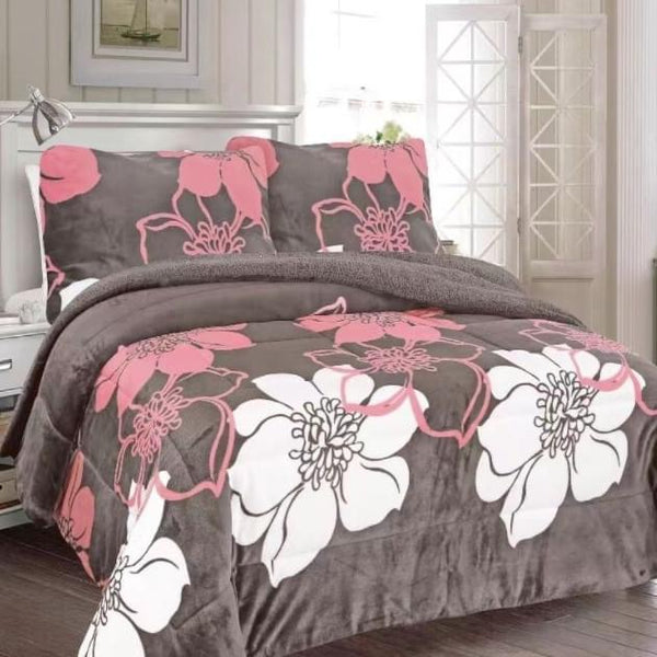 ALASKA FLOWERS GRAY AND PINK BLANKET WITH SHERPA SOFTY THICK AND WARM 3 PCS CALIFORNIA KING SIZE