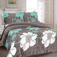 ALASKA FLOWERS TURQUOISE AND GRAY BLANKET WITH SHERPA SOFTY THICK AND WARM 3 PCS QUEEN SIZE