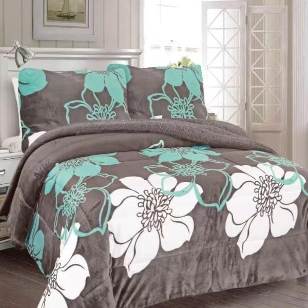 ALASKA FLOWERS TURQUOISE AND GRAY BLANKET WITH SHERPA SOFTY THICK AND WARM 3 PCS CALIFORNIA KING SIZE