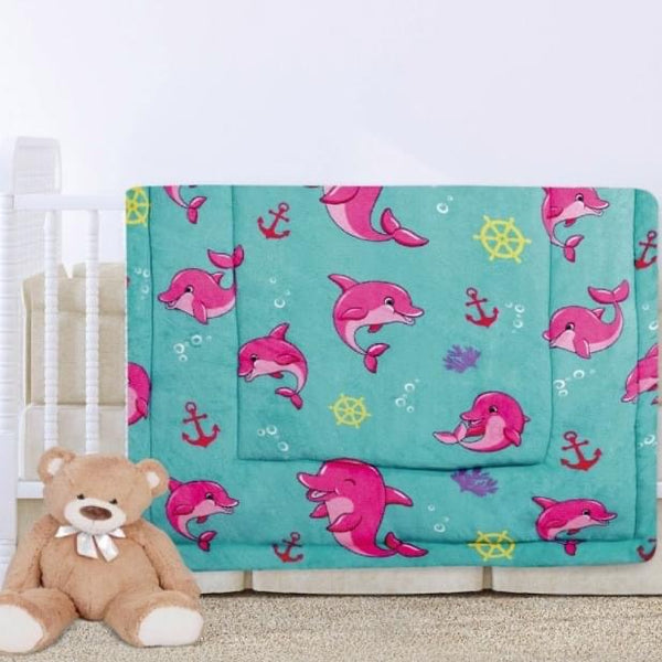 DOLPHINS PINK COLOR BABY GIRL CRIB BEDDING NURSERY BLANKET WITH SHERPA SOFTY AND WARM