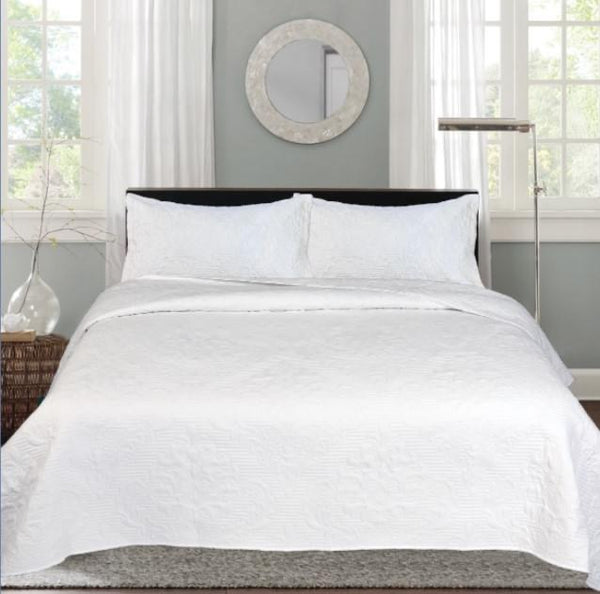 SANTEE WHITE AND WHITE COLOR REVERSIBLE BEDSPREAD SET 3 PCS QUEEN SIZE