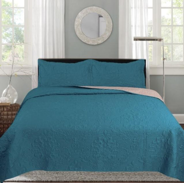 SANTEE TURQUOISE AND LIGHT GRAY COLOR REVERSIBLE BEDSPREAD SET 3 PCS KING SIZE