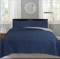 SANTEE NAVY AND LIGHT GRAY COLOR REVERSIBLE BEDSPREAD SET 3 PCS QUEEN SIZE
