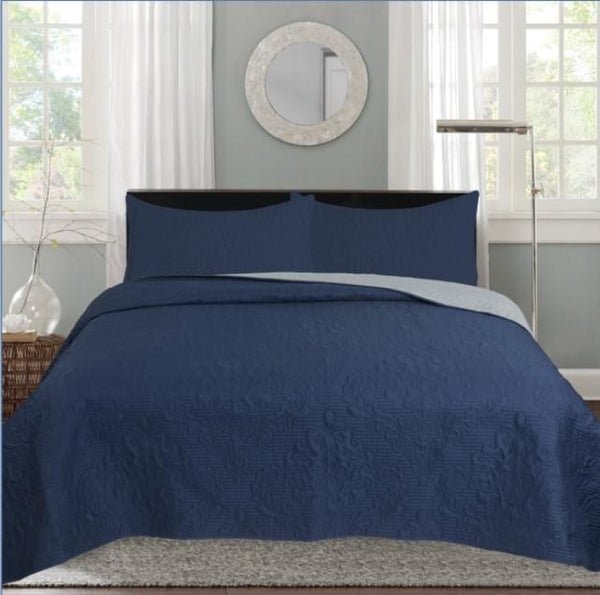 SANTEE NAVY AND LIGHT GRAY COLOR REVERSIBLE BEDSPREAD SET 3 PCS KING SIZE