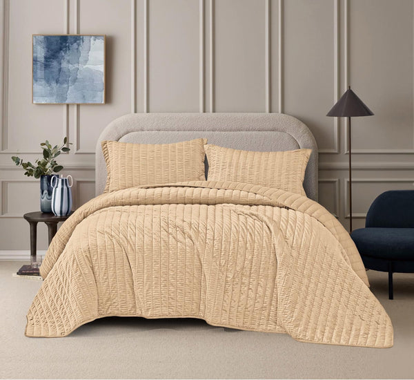 CARMEN ROUCHED TAUPE COLOR DECORATIVE BEDSPREAD QUILTED SET 3 PCS KING SIZE
