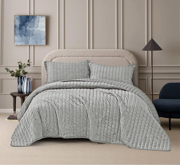 CARMEN ROUCHED LIGHT GRAY COLOR DECORATIVE BEDSPREAD QUILTED SET 3 PCS KING SIZE