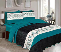 TONNY GEOMETRIC TURQUOISE AND BLACK COLOR REVERSIBLE PLUSH BEDSPREAD SET 6 PCS KING SIZE