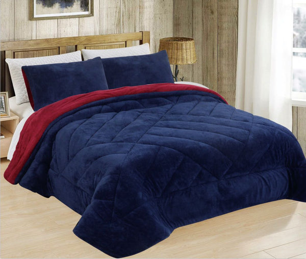 CHICAGO NAVY BLUE AND RED COLOR BLANKET WITH SHERPA SOFTY THICK AND WARM 3 PCS CALIFORNIA KING SIZE