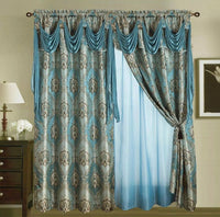 ELIZA BLUE CURTAINS WINDOWS PANELS WITH ATTACHED VALANCE AND SHEER 6 PCS
