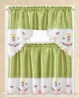 CHEFS GREEN AND BEIGE EMBROIDERED DECORATIVE KITCHEN CURTAIN SET 3PCS