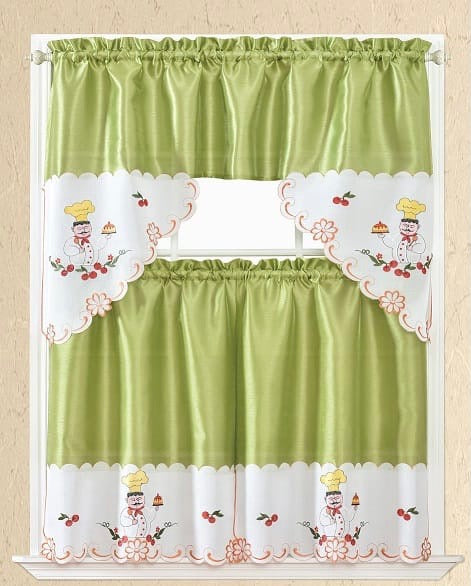 CHEFS GREEN AND BEIGE EMBROIDERED DECORATIVE KITCHEN CURTAIN SET 3PCS