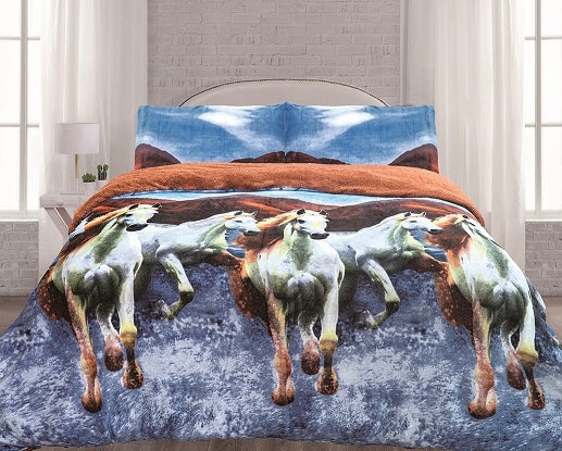 ALMA HORSES MULTICOLOR BLANKET WITH SHERPA VERY SOFTY THICK AND WARM 3 PCS QUEEN/FULL SIZE