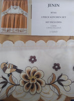 ALASKA BIRDS AND FLOWERS GOLD COLOR EMBROIDERED DECORATIVE KITCHEN CURTAIN 3 PCS SET