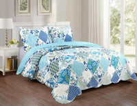 KARO FLOWERS PATCHWORK BLUE REVERSIBLE QUILTED 3 PCS KING SIZE