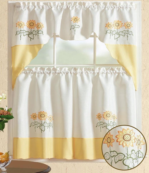 NEVADA SUNFLOWERS YELLOW AND BEIGE EMBROIDERED DECORATIVE KITCHEN CURTAIN SET 3 PCS