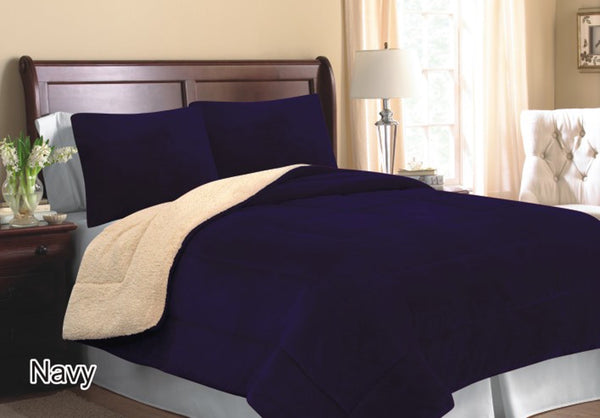 ANDES NAVY BLUE SOLID COLOR BLANKET WITH SHERPA SOFTY AND WARM 3 PCS QUEEN SIZE