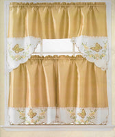BUTTERFLY GOLD AND BEIGE EMBROIDERED DECORATIVE KITCHEN CURTAIN 3 PCS SET