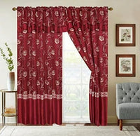 MIDWAY BURGUNDY EMBROIDERED CURTAINS WINDOWS PANELS WITH ATTACHED VALANCE AND SHEER 6 PCS