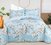 ELVIRA FLOWERS BLUE REVERSIBLE BEDSPREAD QUILTED SET 3 PCS KING SIZE