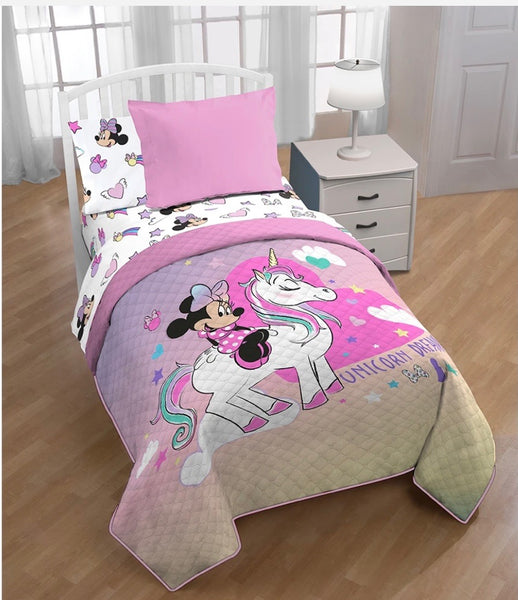 MINNIE MOUSE AND UNICORN TEENS KIDS GIRLS DISNEY ORIGINAL LICENSED BEDSPREAD QUILTED 2 PCS TWIN SIZE