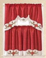 ROSES FLOWER BURGUNDY AND BEIGE EMBROIDERED DECORATIVE KITCHEN CURTAIN SET 3 PCS