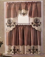 NEVADA ROSES FLOWERS COFFEE EMBROIDERED DECORATIVE KITCHEN CURTAIN SET 3 PCS