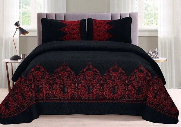 ALICIA FLOWERS BLACK COLOR EMBROIDERED DECORATIVE BEDSPREAD COVERLET SET 3 PCS QUEEN SIZE