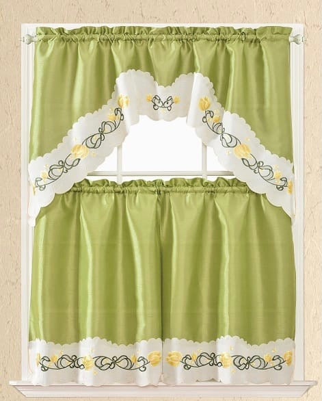 FLOWERS GREEN AND BEIGE EMBROIDERED DECORATIVE KITCHEN CURTAIN SET 3PCS