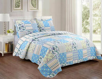 KARO FLOWERS PATCHWORK LIGHT BLUE REVERSIBLE BEDSPREAD QUILTED 3 PCS KING SIZE